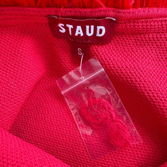 STAUD Etta Feather And Raffia-trimmed Crochet-knit Mini Dress In Blood Orange, s - Picture 5 of 12